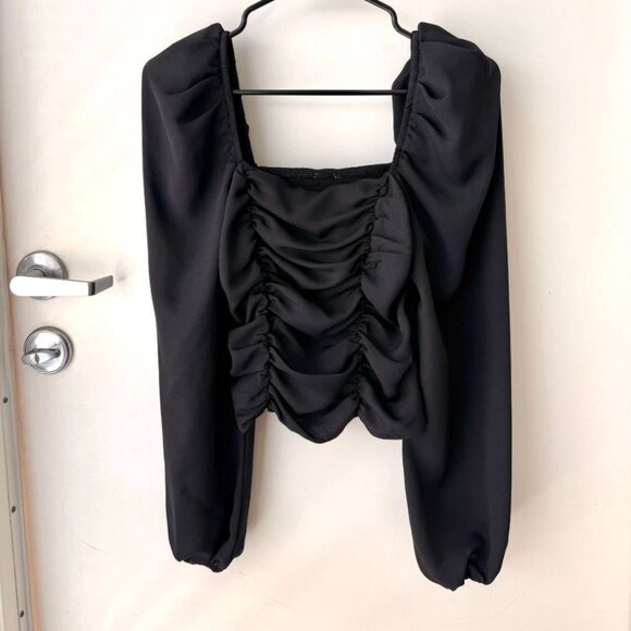 Urban Outfitters Black Puff Sleeve Blouse S Chiffon Square Neck Off Shoulder - Picture 1 of 4